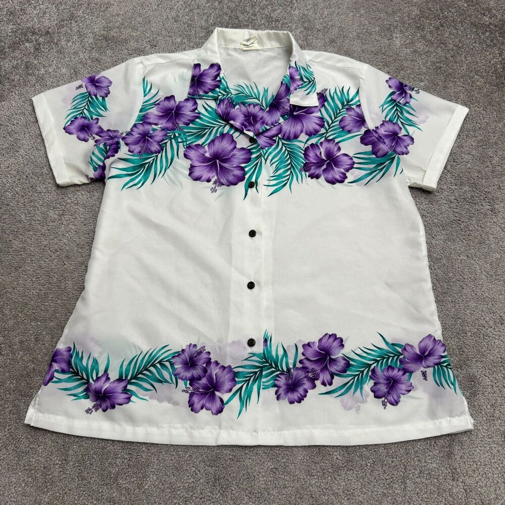 Vintage Royal Creations Hawaiian Shirt Womens Large White Purple Floral Aloha